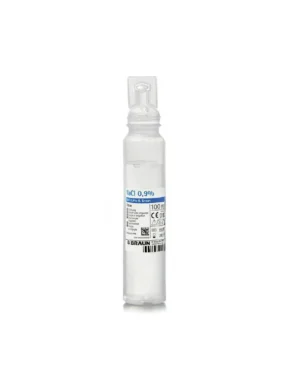 Envase de Suero Fisiológico B. Braun 0,9% de 100 ml, solución estéril para uso médico.